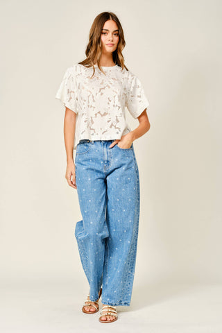 Lace Floral Blouse – Elegant Short Sleeve Eyelet Top