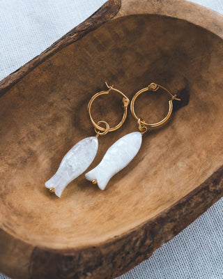 La Pesca Bella Moonstone Fish Charm Hoop Earrings - 14K Gold Plated