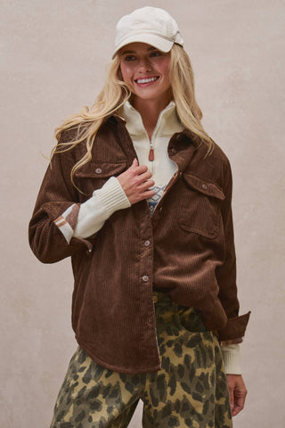 Americana Plaid-Lined Corduroy Shacket – Cozy Oversized Shirt Jacket