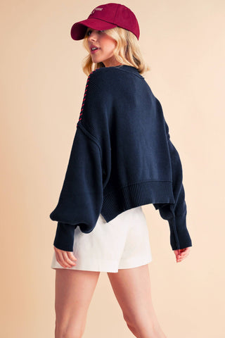 Women's USA Rope Letter Sweater | Cotton Oversized Patriotic Pullover