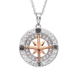 Rose Gold Compass Necklace with Aqua Crystals