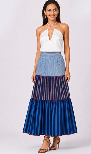NIBI MTK Drue Skirt in Blue Summer Stripe | Coastal Chic Women’s Midi Skirt