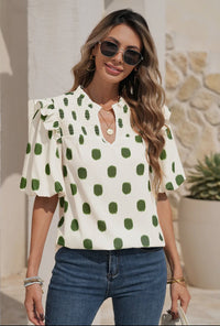 Polka Dot Ruffled Notched Neck Shirt