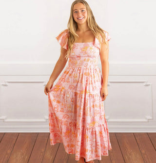 Sunset Toile Smocked Flutter Sleeve Cotton Dress with Pockets