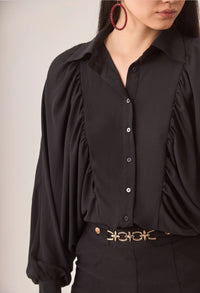 Flowy Blouse with Batwing Sleeves - Black