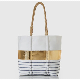White, gold, blue sail bag shown 