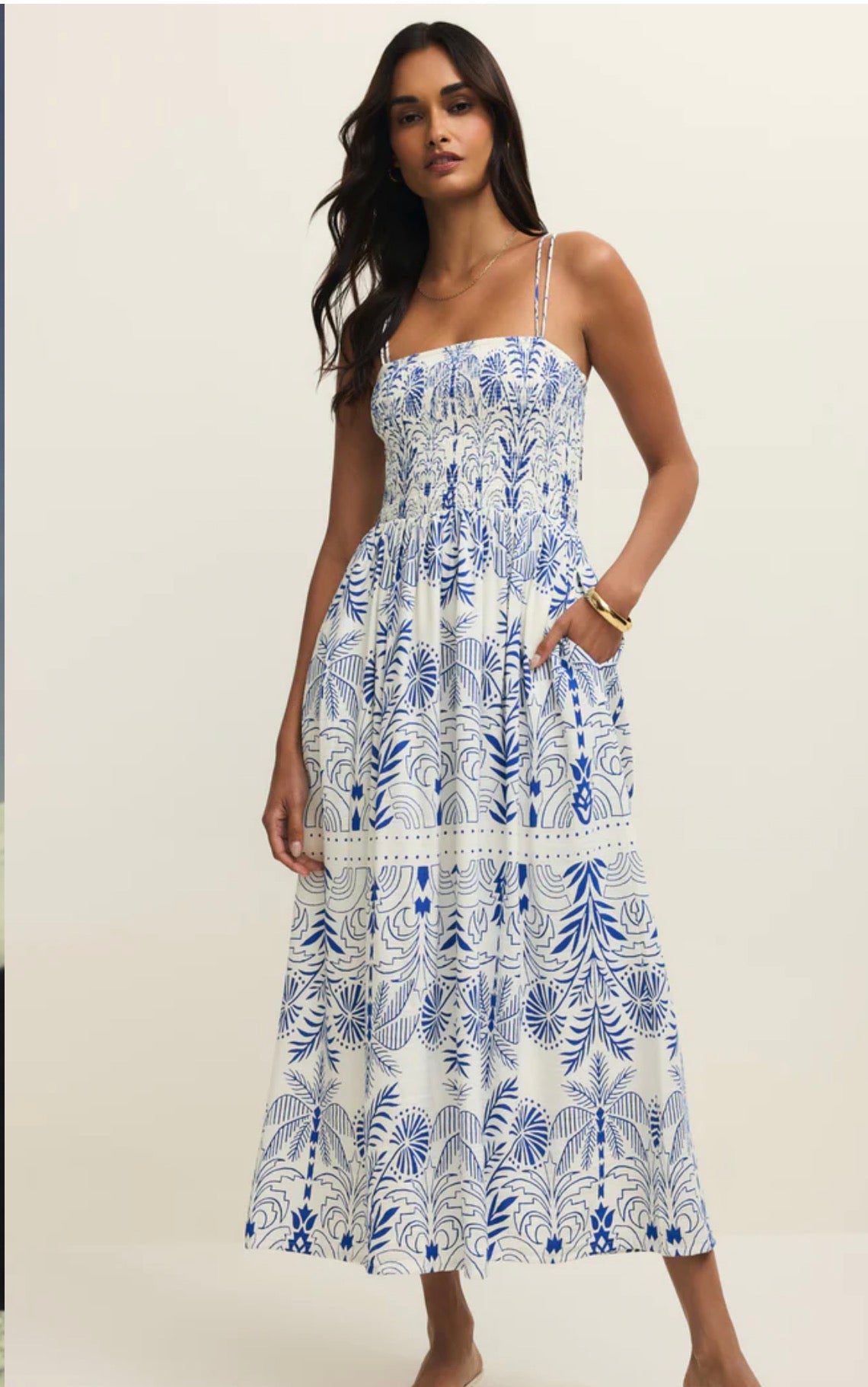 Nadine Airy Palm Smocked Maxi Dress by Z Supply – Flowy Resort Wear with Pockets