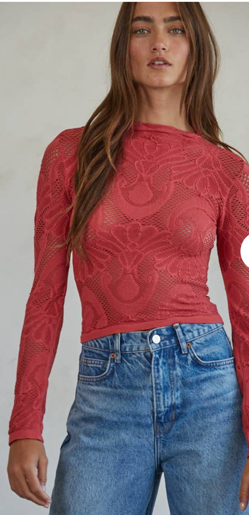 
This knit jacquard top features a see-though fishnet overlay. The intricate jacquard pattern adds texture and visual interest, while the mock neck and long sleeves provide a sophisticated look. The seamless construction enhances comfort and minimizes chafing.

Product Details 

92% Nylon 8% Spandex
Color- Crimson
