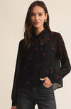 Sheet black button down top with embroidered red flowers 