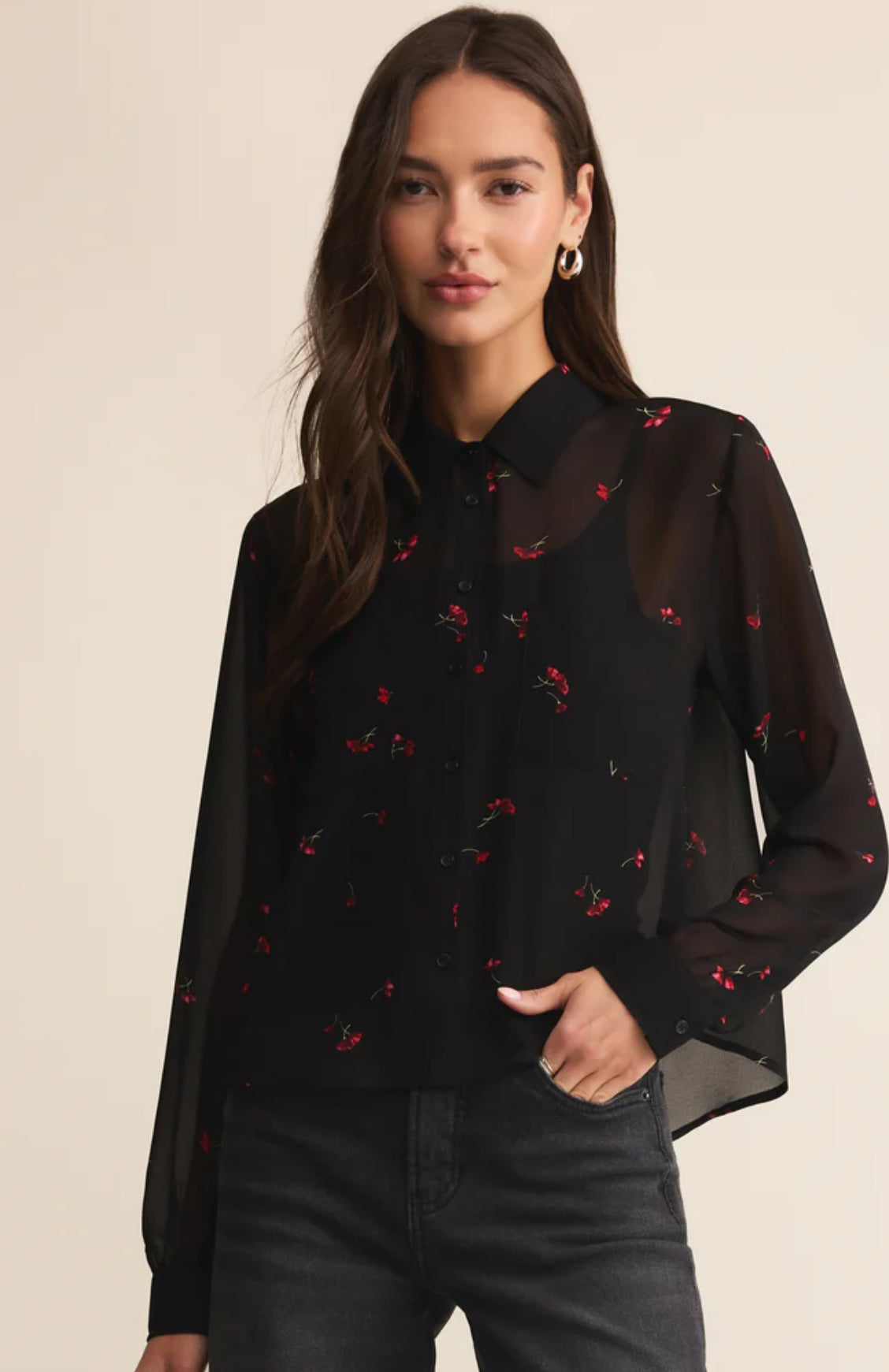 Sheet black button down top with embroidered red flowers 