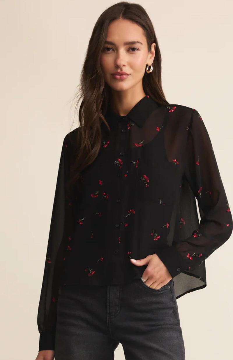 Sheet black button down top with embroidered red flowers 