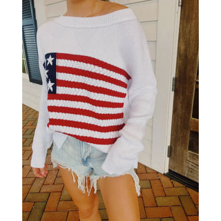 Marlowe Flag Knit Sweater for Women | Oversized American Flag Pullover Sweater