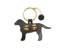 Brown Lab shown 

Each of these creations are stamped out of authentic leather. We then use an old-fashioned, foot powered, riveter to attach the 2 1/2” ring.

After the ring is attached, we add two of the popular #1 bells, with easy to remove, patented design pins, for quick cleansing. Each product has a hand punched and stamped leather tag affixed to the ring.