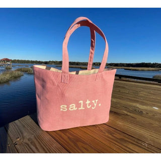 This top selling bag is perfect for days on the beach, boat or running errands.  

Durable cotton canvas bag imprinted with the words, "SALTY". Thick & cushioned 12" Shoulder length handles
Red shown