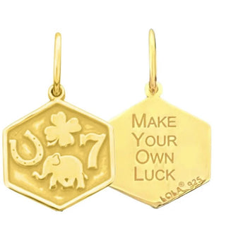 Never give up and good luck will find you. - The Neverending Story

MAKE YOUR OWN LUCK  charm shown in gold

Sterling silver.This tag is a hexagonal shape and is approximately 1/2" across.