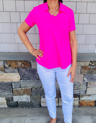 Lulu B Women’s Short Sleeve UPF 50+ Collared Top - Wrinkle-Resistant Travel Shirt