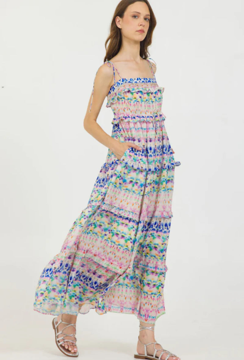 STELLAH WATERCOLOR TIE SHOULDER TIERED DRESS