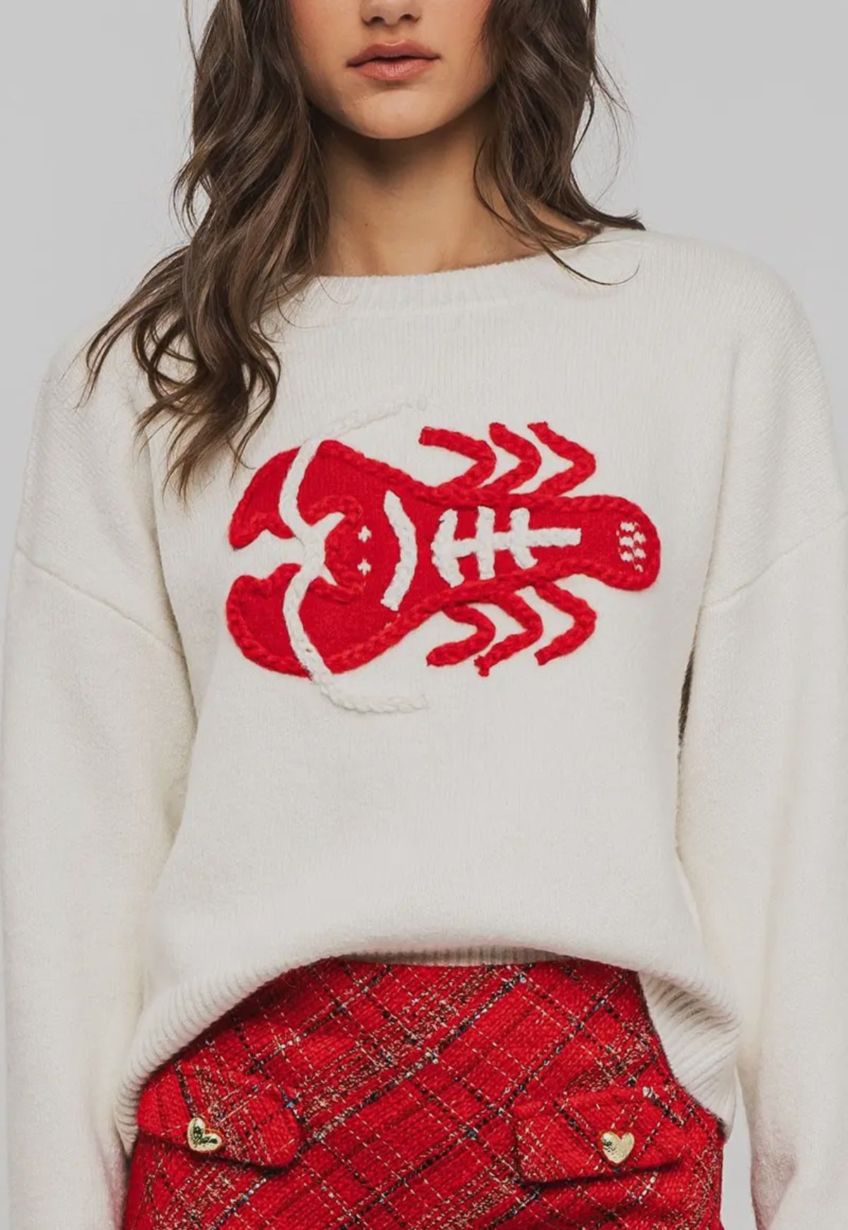 This cozy crew neck sweater features a  knit, embroidered lobster in vibrant red.  Crafted from a premium ply blend fabric with ribbed trim details with an oversized fit. 

47% POLYESTER, 35% ACRYLIC, 15% NYLON, 3% SPANDEX