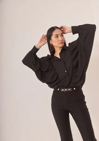 Flowy Blouse with Batwing Sleeves - Black