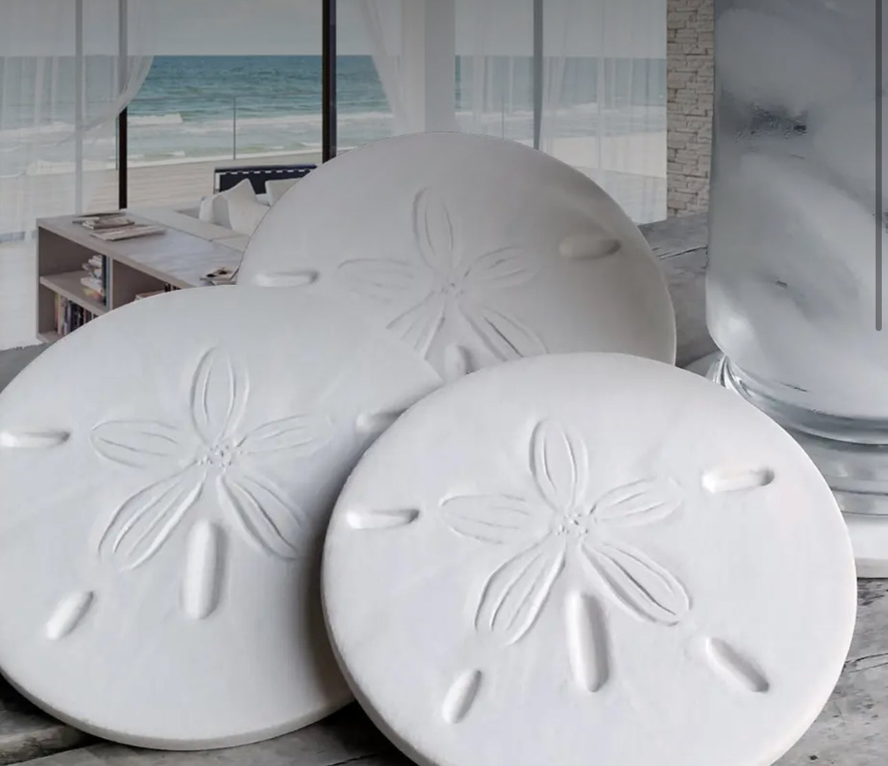 Made in USA. Absorbent coasters. 
White sand dollar 
Made from absorbent clay 
