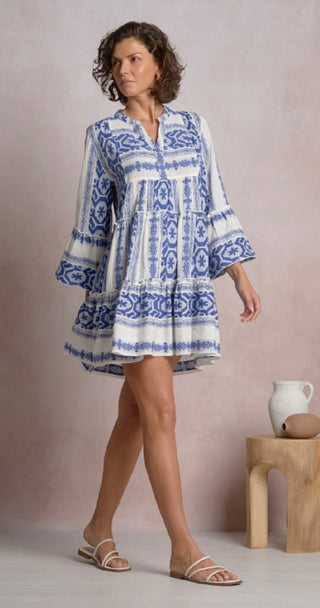 Elan Grecian Tiered Cotton Mini Dress – Blue & White Boho Vacation Tunic