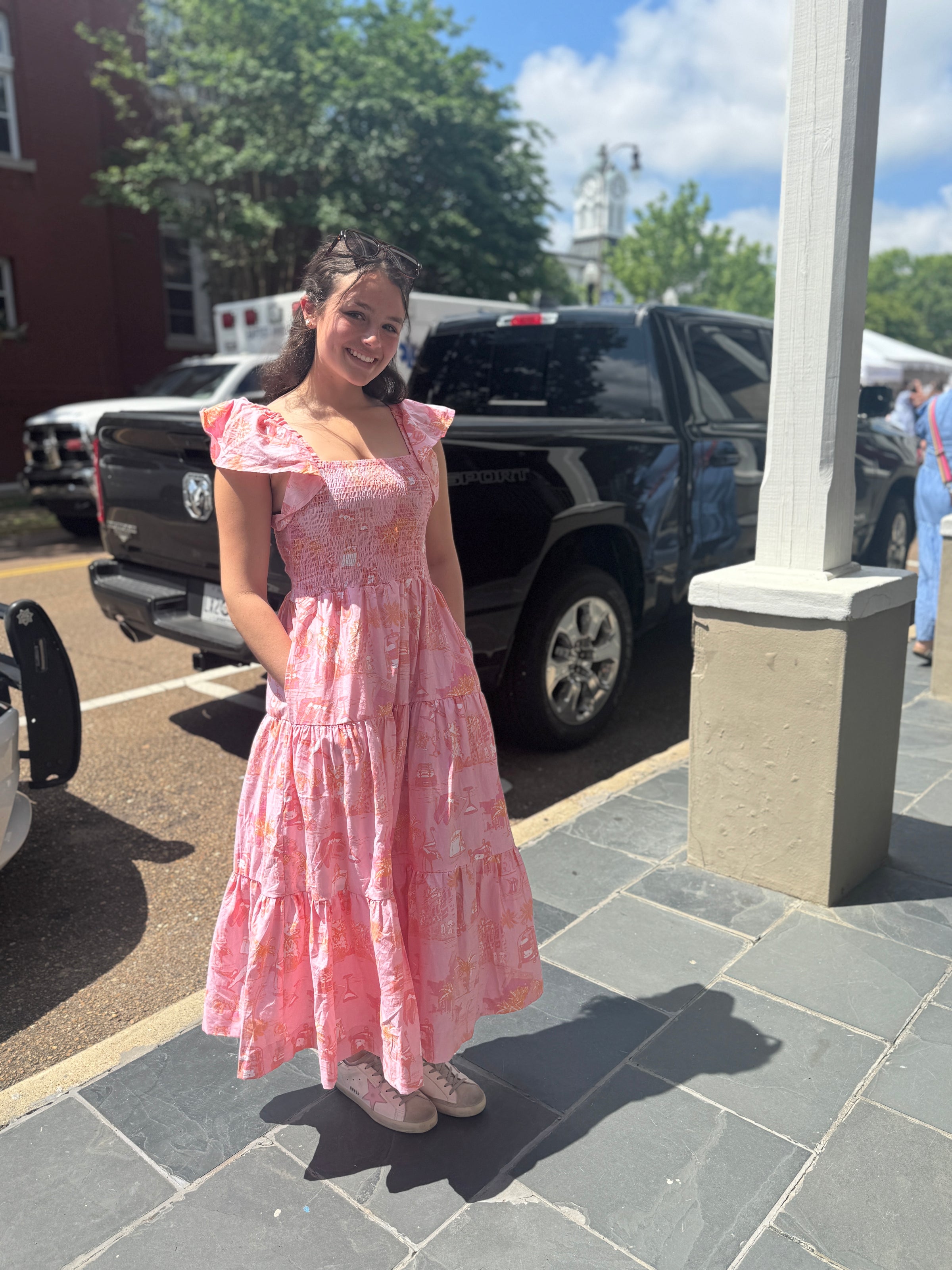 Sunset Toile Smocked Flutter Sleeve Dress