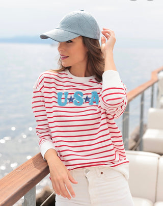 USA Varsity Striped Relaxed Sweatshirt | Patriotic Chenille Patch Pullover