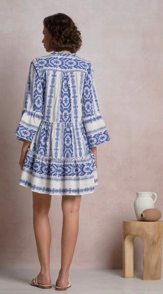 Elan Grecian Tiered Cotton Mini Dress – Blue & White Boho Vacation Tunic