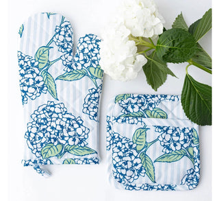 Elegant Blue Hydrangea Stem 100% Cotton Oven Mitt & Potholder Set Or Kitchen Towel