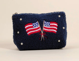 Patriotic Sherpa Teddy Pouch – American Flag Cosmetic & Travel Bag