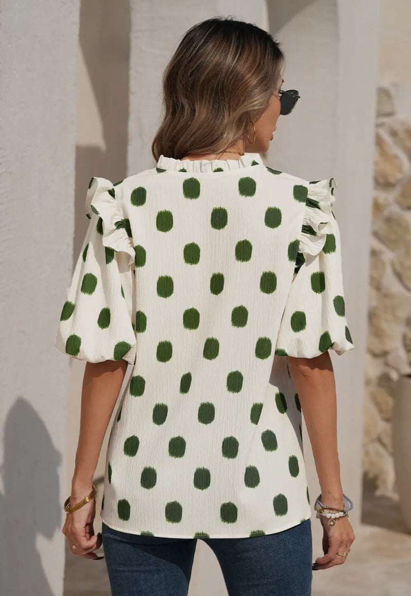 Polka Dot Ruffled Notched Neck Shirt