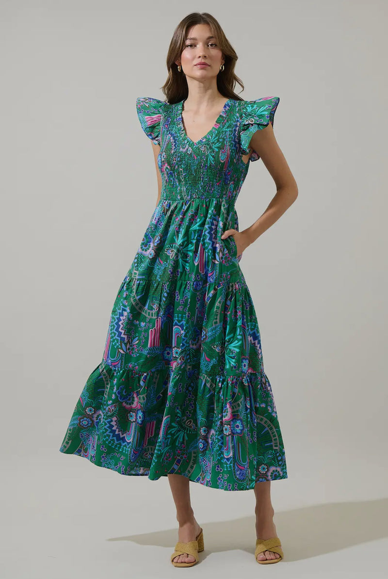 Vespa Floral Sunfire Tiered Midi Dress