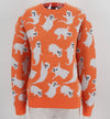 This cute Halloween ghost sweater, made of of recycled materials, will make you look as good as you feel. 

Orange sweater with white ghosts flying all over. 