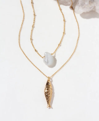 Golden Catch: Sardine & Keshi Pearl 14KT Gold Layered Necklace Set