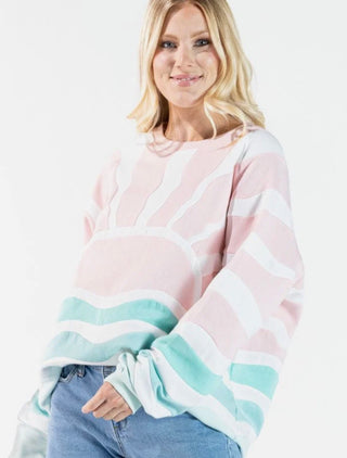 Simply Southern Pink Sun Graphic Striped Crewneck Sweatshirt