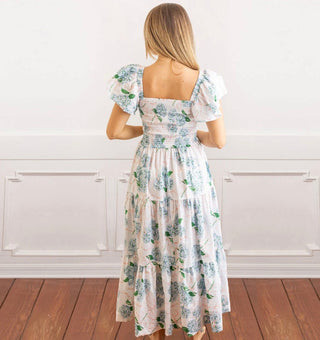Hydrangea Ribbons Smocked Flutter Sleeve Maxi Dress with Pockets