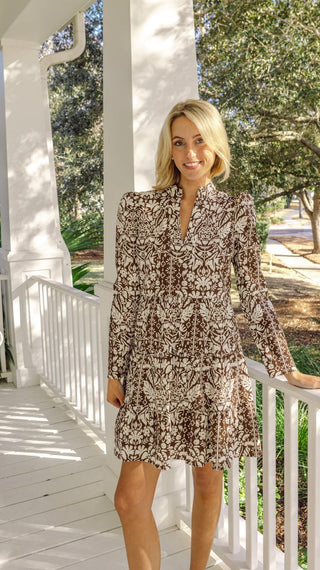 Sail To Sable Tropical Block Print Long Sleeve Tunic Flare Dress