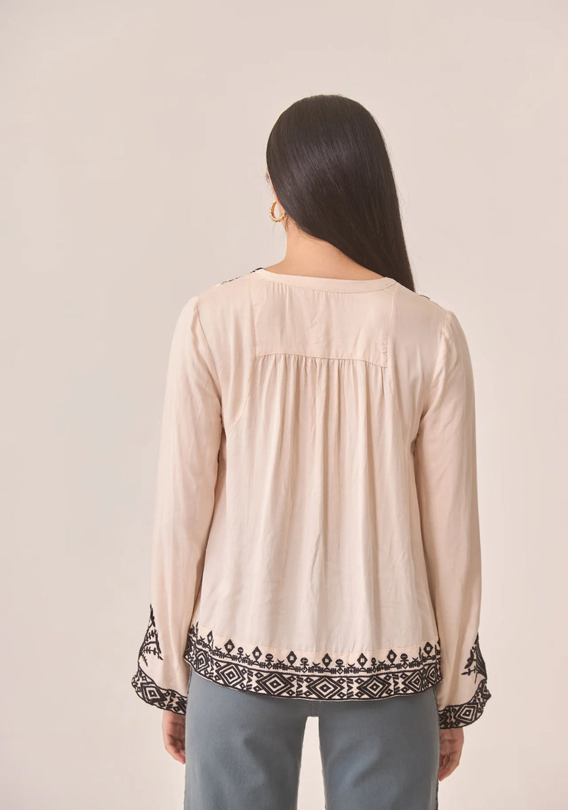 CONTRAST EMBROIDERY BLOUSE - IVORY