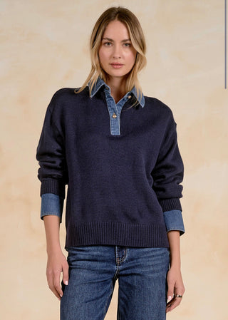 Elan Denim Collared 2-in-1 Layered Knit Sweater
