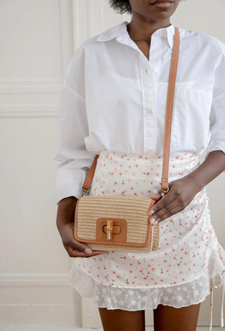 Bonnie Mini Natural Straw Crossbody Bag with Bamboo Turnlock