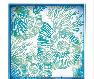 Nautilus Shell Coastal Lacquer Serving Tray – 15" Blue Nautical Art Tray