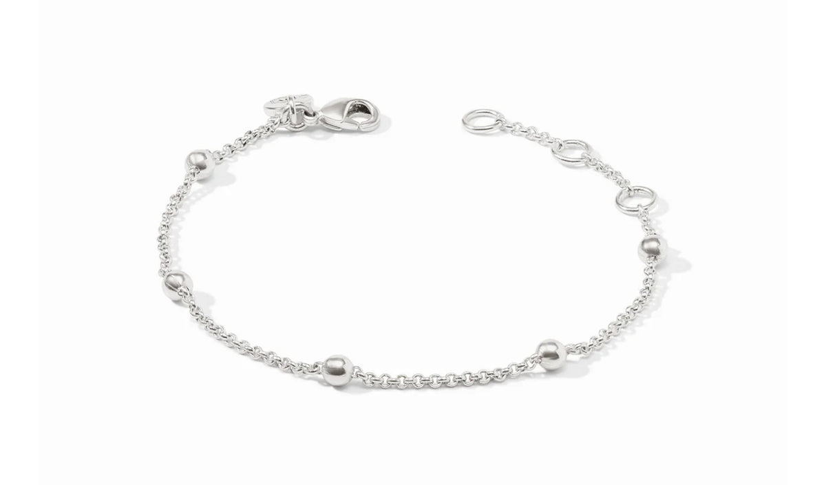 Pure silver plate (tarnish-free)
Inner circumference: 6.8 / 7 / 7.3 inches (adjustable)
Width: 0.2 inches
Closes with lobster clasp
Julie Vos hallmark