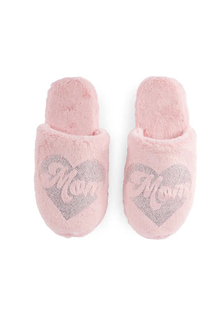 Pink Plush "Mom" Rhinestone Heart Slippers – Cozy Luxury Gift
