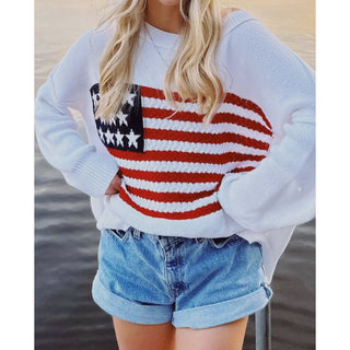 Marlowe Flag Knit Sweater for Women | Oversized American Flag Pullover Sweater