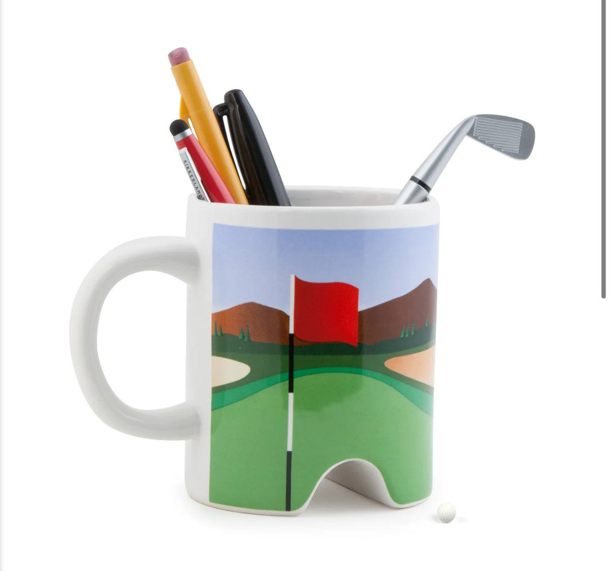 We believe it should never be all work and no play.  This golf putter mug and pen set is perfect for the gold enthusiast on your list.  

Practice your golf game at work. Includes mug, ball and putter that doubles as ballpoint pen.

Materials: ceramic, thermographic ink
Packaging: color box
Dimensions: 10,5 x 13 x 9,6 cm