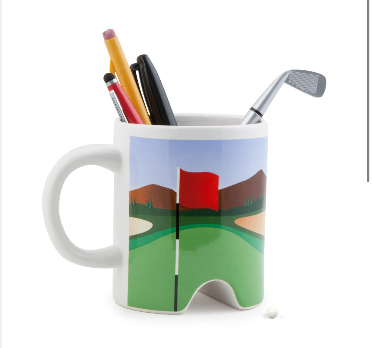 We believe it should never be all work and no play.  This golf putter mug and pen set is perfect for the gold enthusiast on your list.  

Practice your golf game at work. Includes mug, ball and putter that doubles as ballpoint pen.

Materials: ceramic, thermographic ink
Packaging: color box
Dimensions: 10,5 x 13 x 9,6 cm