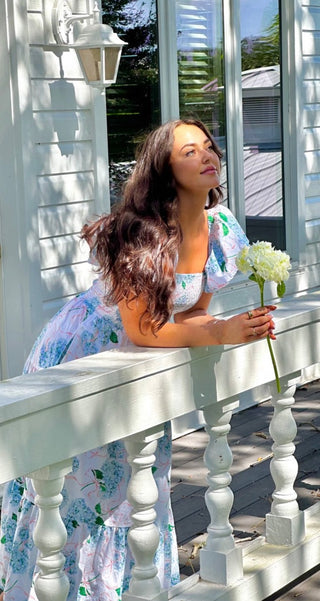 Hydrangea Ribbons Smocked Flutter Sleeve Maxi Dress with Pockets