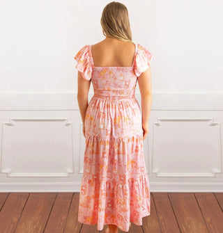 Sunset Toile Smocked Flutter Sleeve Cotton Dress with Pockets