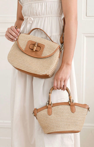 Hattie Natural Straw & Bamboo Turnlock Crossbody Bag or Natural Straw Millie Bamboo Handle Basket Crossbody