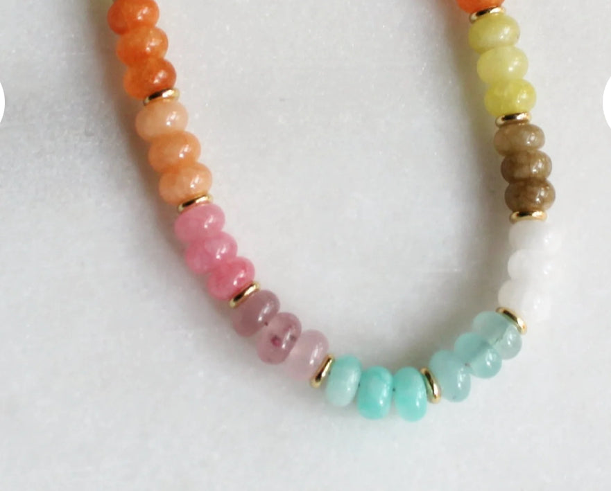 Gorgeous, natural dyed multi colored jade jade, 5x8mm beads - turquoise, white, yellow, pink, orange, light brown beads 
•Adorned with 14kt gold plated accents
•Beaded by hand just for you
Water friendly

18”

Made in USA

Handmade